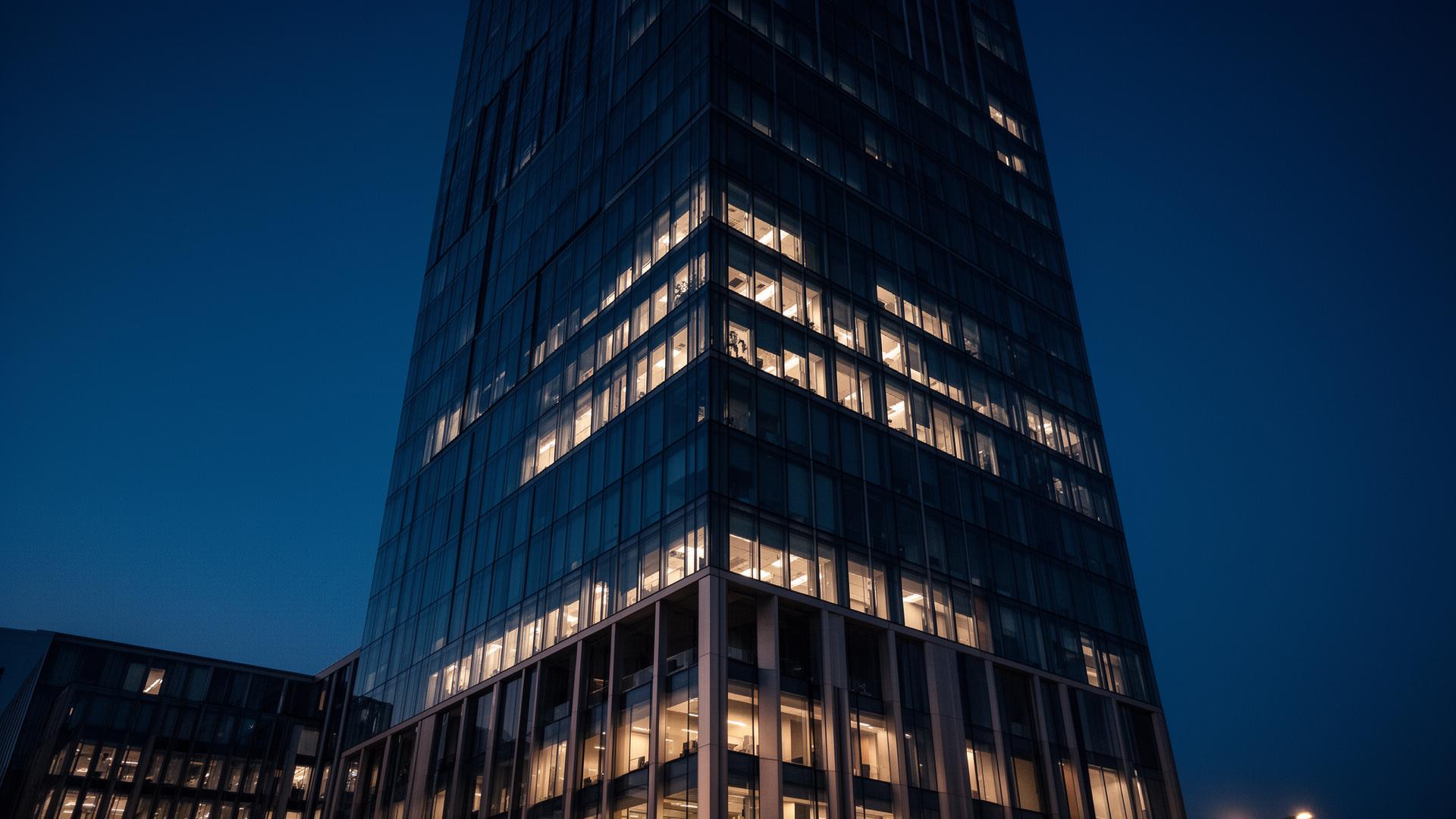 Institutional Zuidas office tower at blue hour